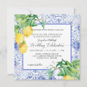 Invitation Carrelage bleu blanc Citron Floral Citrus Feuillag (Devant)