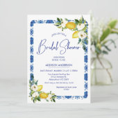 Invitation Carrelage bleu blanc Fête des mariées citron fleur (Debout devant)