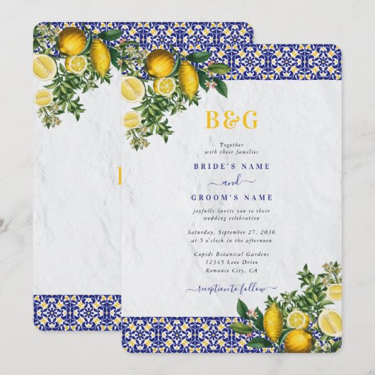 Invitation Carrelage bleu blanc jaune méditerranéen Mariage c (Devant / Derrière)