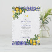 Invitation Carrelage bleu blanc jaune méditerranéen Mariage c (Debout devant)