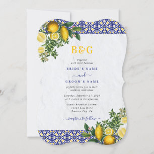 Invitation Carrelage bleu blanc jaune méditerranéen Mariage c
