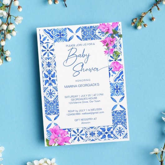 Invitation Carrelage bleu Bougainvillea baby shower élégant