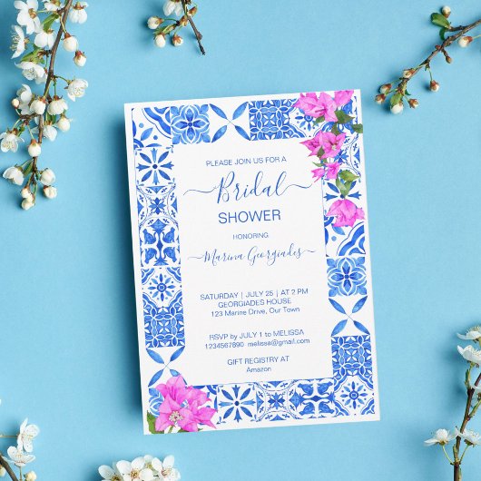 Invitation Carrelage bleu Bougainvillea élégante douche nupti