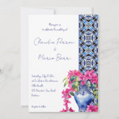 Invitation Carrelage bleu Bougainvillea mariage élégant (Devant)