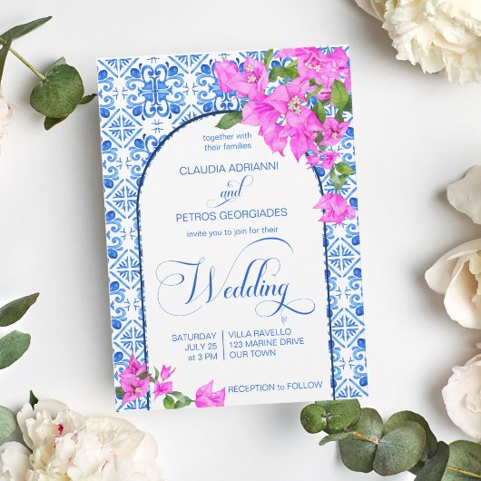 Invitation Carrelage bleu Bougainvillea mariage élégant