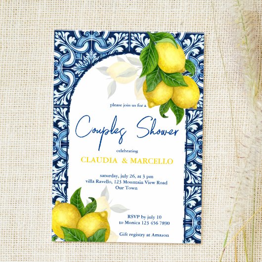 Invitation Carrelage bleu citron Amalfi Positano couple douch