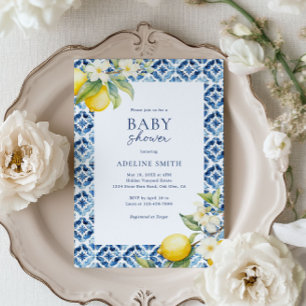 Invitation Carrelage bleu Citron Baby shower d'été italien