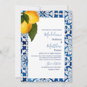 Invitation Carrelage bleu citron chic Mariage élégant (Devant)