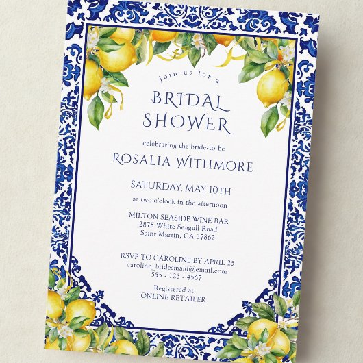 Invitation Carrelage Bleu Citron Mariage Méditerranéen