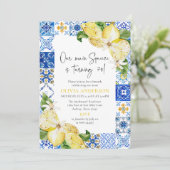 Invitation Carrelage bleu Citrons Italien 70e fête d'annivers (Debout devant)