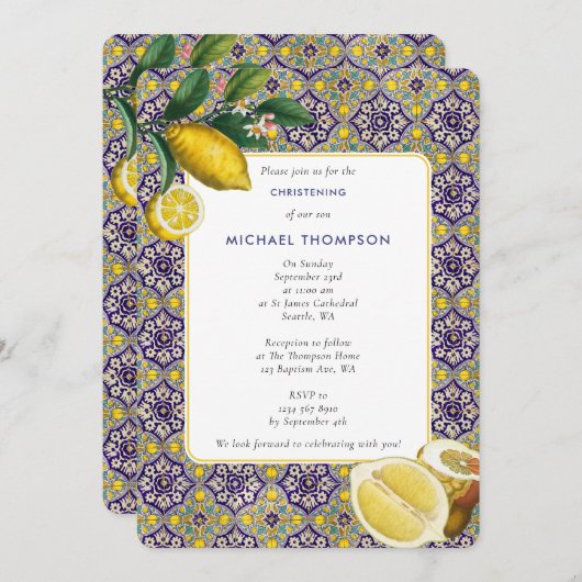 Invitation Carrelage bleu Citrons méditerranéens Baptême bapt (Devant / Derrière)