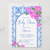 Invitation Carrelage bleu et Bougainvillier Baby shower éléga (Devant)