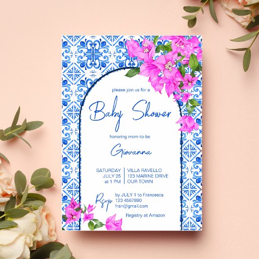 Invitation Carrelage bleu et Bougainvillier Baby shower éléga