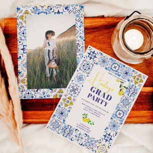 Invitation Carrelage bleu italien à l'aquarelle pour la remis