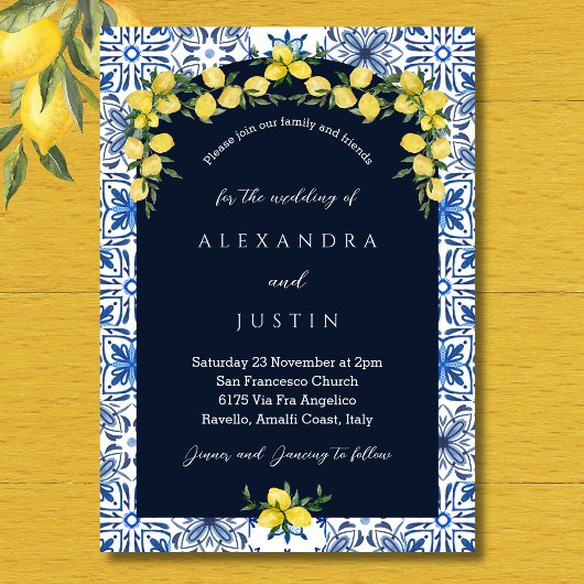 Invitation Carrelage bleu italien Citron Mariage méditerranée