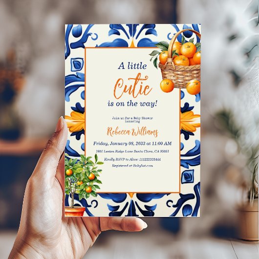 Invitation Carrelage bleu italien Cutie Orange Citrus Baby sh