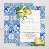 Invitation Carrelage bleu italien Fête des mariées citron (Devant / Derrière)