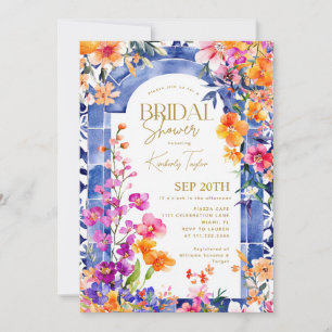 Invitation Carrelage bleu italien Fête des mariées florale br