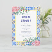 Invitation Carrelage bleu italien Fête des mariées méditerran (Debout devant)