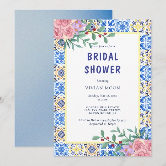 Invitation Carrelage bleu italien Fête des mariées méditerran (Devant / Derrière)