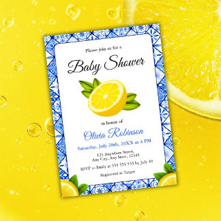 Invitation Carrelage bleu italien Positano Baby shower citron