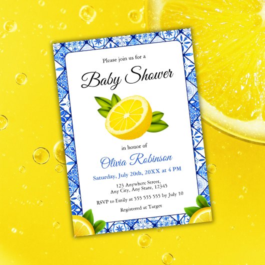 Invitation Carrelage bleu italien Positano Baby shower citron