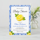 Invitation Carrelage bleu italien Positano Baby shower citron (Debout devant)