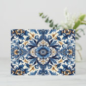 Invitation Carrelage bleu méditerranéen avec Motif à fleurs (Debout devant)