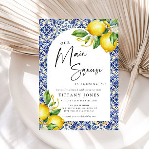Invitation Carrelage bleu méditerranéen Citrons 70e anniversa