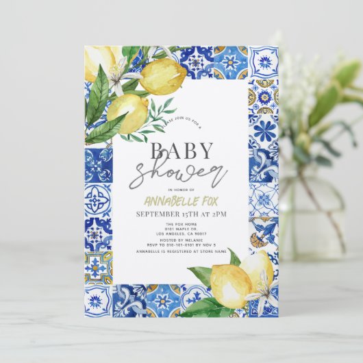 Invitation Carrelage bleu méditerranéen Citrus Citrus Baby sh (Debout devant)