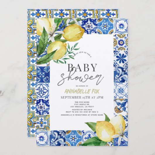 Invitation Carrelage bleu méditerranéen Citrus Citrus Baby sh (Devant / Derrière)