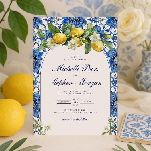 Invitation Carrelage bleu méditerranéen Citrus Lemon