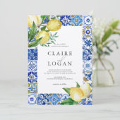 Invitation Carrelage bleu méditerranéen Citrus Lemon Mariage (Debout devant)