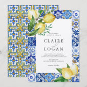 Invitation Carrelage bleu méditerranéen Citrus Lemon Mariage (Devant / Derrière)