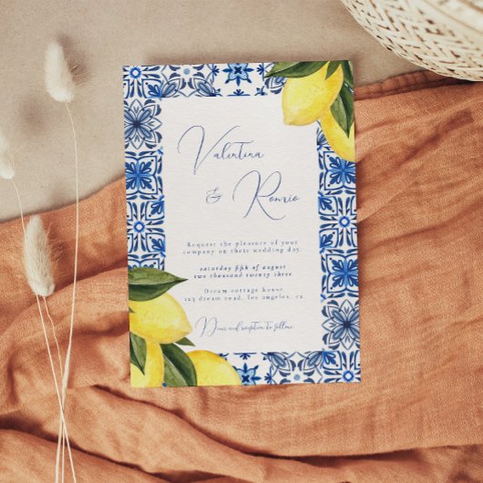 Invitation Carrelage bleu méditerranéen et mariage aux agrume