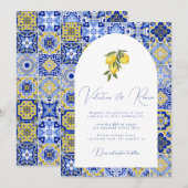 Invitation Carrelage bleu méditerranéen et mariage d'agrumes (Devant / Derrière)