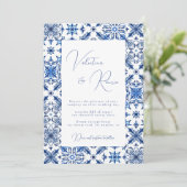 Invitation Carrelage bleu méditerranéen et mariage d'agrumes (Debout devant)