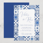 Invitation Carrelage bleu méditerranéen et mariage d'agrumes (Devant / Derrière)
