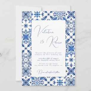 Invitation Carrelage bleu méditerranéen et mariage d'agrumes