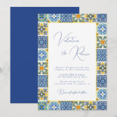 Invitation Carrelage bleu méditerranéen et mariage d'agrumes (Devant / Derrière)
