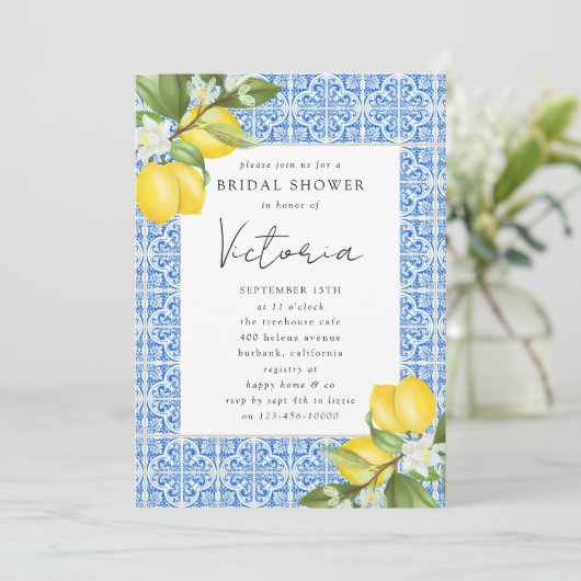Invitation Carrelage bleu méditerranéen Fête des mariées citr (Debout devant)