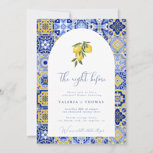 Invitation Carrelage Bleu Méditerranéen & Répétition Mariage  (Devant)