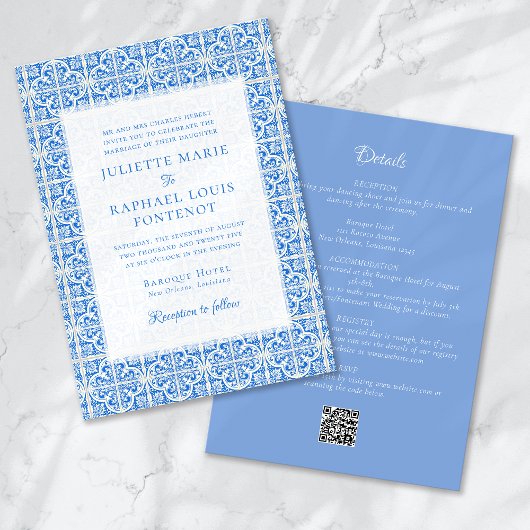 Invitation Carrelage bleu méditerranéen tout en un Mariage