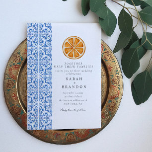 Invitation Carrelage bleu orange aquarelle mariage méditerran