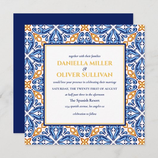 Invitation Carrelage espagnol | mariage méditerranéen bleu ja (Devant / Derrière)