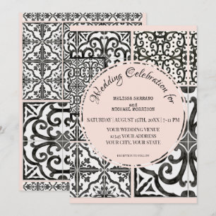 Invitation Carrelage Hacienda Noir Blanc Blush Mariage modern
