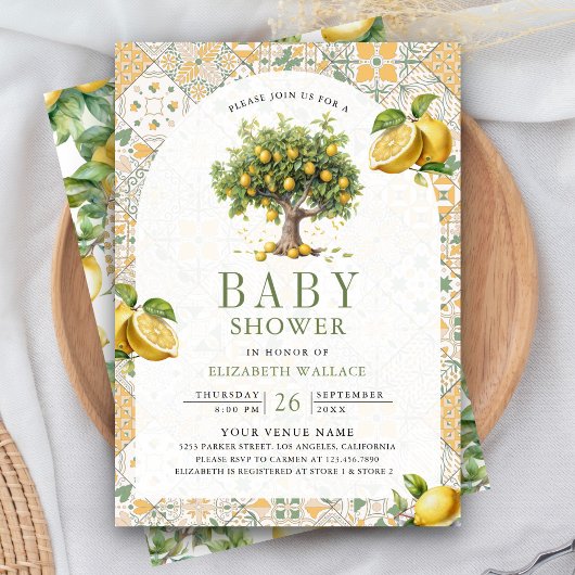 Invitation Carrelage italien Arche citronnier Code QR Baby sh