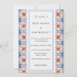 Invitation Carrelage Mariage à Motif Rouge et Bleu Élégant