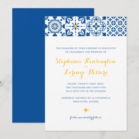 Invitation Carrelage méditerranéen Bleu Jaune Mariage (Devant / Derrière)