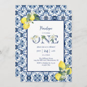 Invitation Carrelage méditerranéen Citron bébé fille premier (Devant / Derrière)